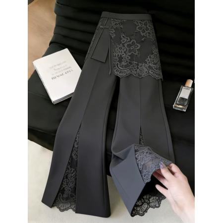 时尚设计感灰色蕾丝西装裤女夏季流行新款高腰显瘦阔腿裤子 服裝批發女裝批發服飾貨源