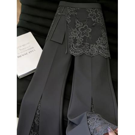 BY18984# 时尚设计感灰色蕾丝西装裤女夏季流行新款高腰显瘦阔腿裤子 服裝批發女裝批發服飾貨源