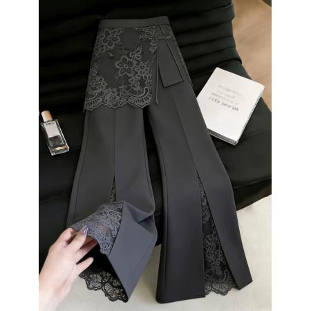 BY18984# 时尚设计感灰色蕾丝西装裤女夏季流行新款高腰显瘦阔腿裤子 服裝批發女裝批發服飾貨源