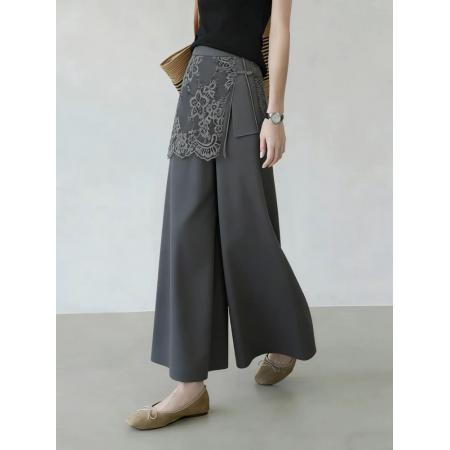 灰色蕾丝西装裤女夏季新款优雅风气质设计感遮胯时髦阔腿裤子 服裝批發女裝批發服飾貨源