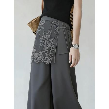 BY18986# 灰色蕾丝西装裤女夏季新款优雅风气质设计感遮胯时髦阔腿裤子 服裝批發女裝批發服飾貨源
