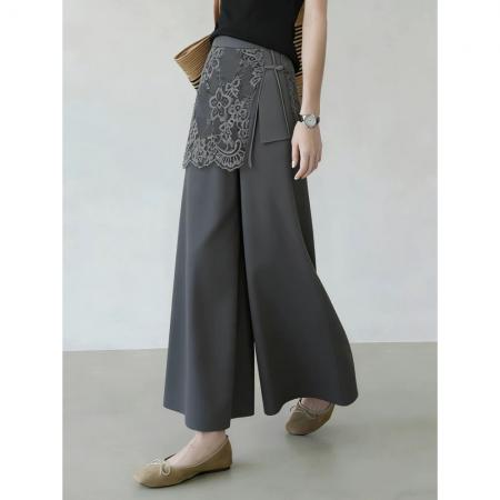 BY18986# 灰色蕾丝西装裤女夏季新款优雅风气质设计感遮胯时髦阔腿裤子 服裝批發女裝批發服飾貨源