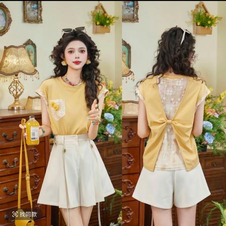 芒果奶昔复古港风减龄T恤洋气百搭花朵圆领短袖+短裤 服裝批發女裝批發服飾貨源