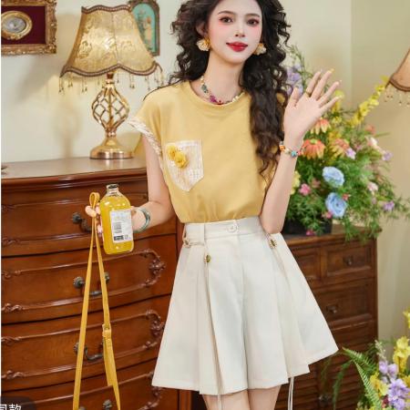 BY18987# 芒果奶昔复古港风减龄T恤洋气百搭花朵圆领短袖+短裤 服裝批發女裝批發服飾貨源