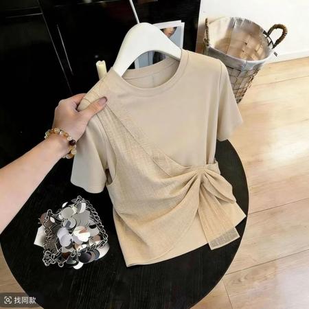 BY18988# 设计假两件拼接纱布短袖T恤夏季新款不规则别致显瘦上衣 服裝批發女裝批發服飾貨源