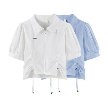 韩版抽绳设计感拉链衬衫女修身甜短袖小衫春季新款女小香风 服裝批發女裝批發服飾貨源