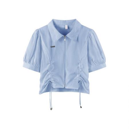 BY18989# 韩版抽绳设计感拉链衬衫女修身甜短袖小衫春季新款女小香风 服裝批發女裝批發服飾貨源