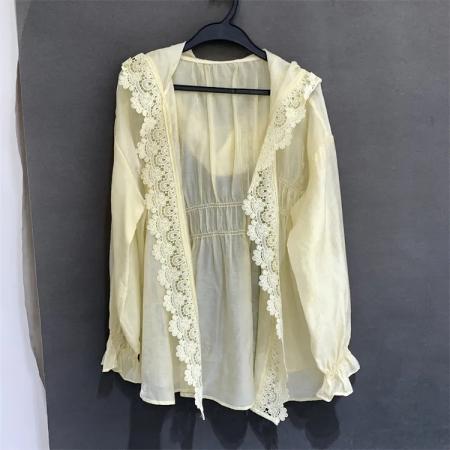 BY18990# 欧洲站法式设计感连帽蕾丝花边百搭宽松洋气减龄薄款防晒衣女开衫 服裝批發女裝批發服飾貨源