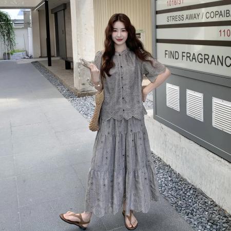 BY18991# 绝美杏色温柔风刺绣镂空套装时尚高级外穿两件套遮肉显瘦 服裝批發女裝批發服飾貨源