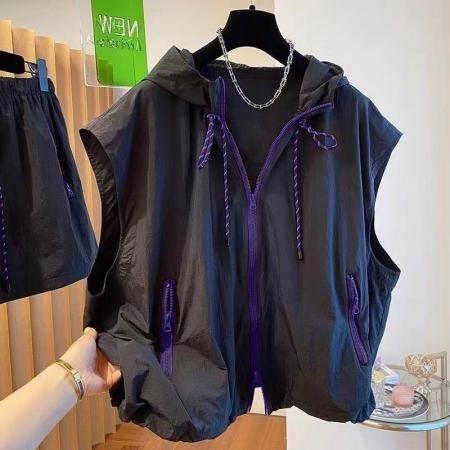 BY18992# 春夏户外夏季连帽马甲工装无袖休闲轻薄特大宽松时尚防晒外套 服裝批發女裝批發服飾貨源