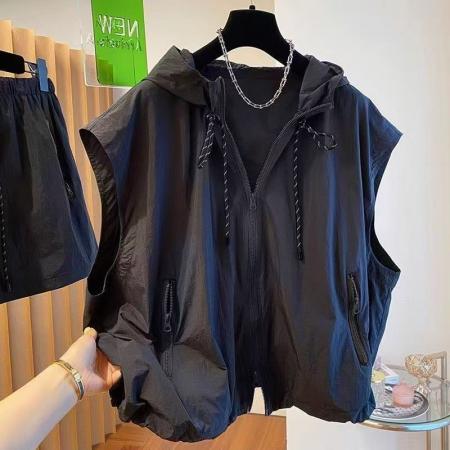 BY18992# 春夏户外夏季连帽马甲工装无袖休闲轻薄特大宽松时尚防晒外套 服裝批發女裝批發服飾貨源