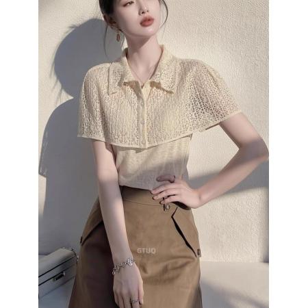 BY18993# 轻熟优雅风POLO领镂空针织衫女短袖杏色通勤上衣夏季新款 服裝批發女裝批發服飾貨源