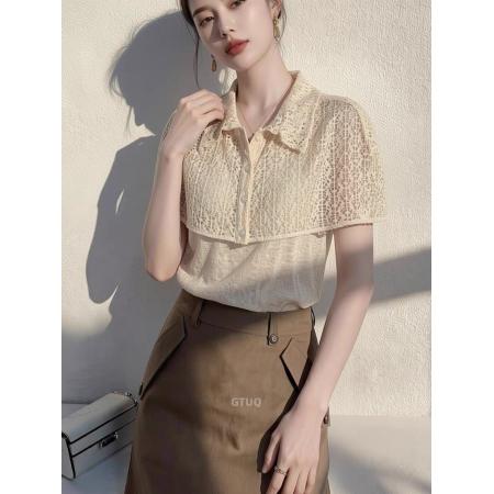 BY18993# 轻熟优雅风POLO领镂空针织衫女短袖杏色通勤上衣夏季新款 服裝批發女裝批發服飾貨源