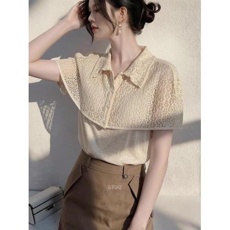 BY18993# 轻熟优雅风POLO领镂空针织衫女短袖杏色通勤上衣夏季新款 服裝批發女裝批發服飾貨源