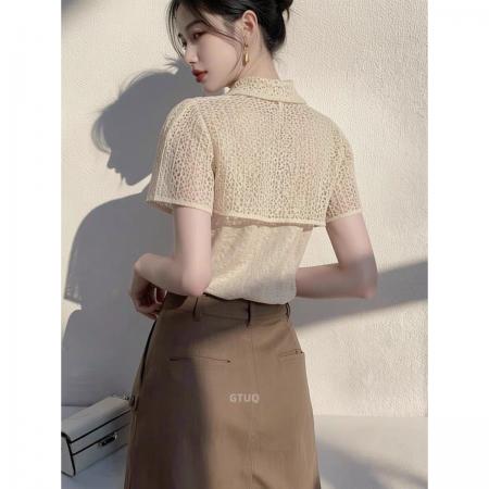 BY18993# 轻熟优雅风POLO领镂空针织衫女短袖杏色通勤上衣夏季新款 服裝批發女裝批發服飾貨源