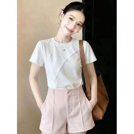BY18995# 夏新款休闲时尚别致肌理感白色纯棉短袖正肩T恤上衣女 服裝批發女裝批發服飾貨源