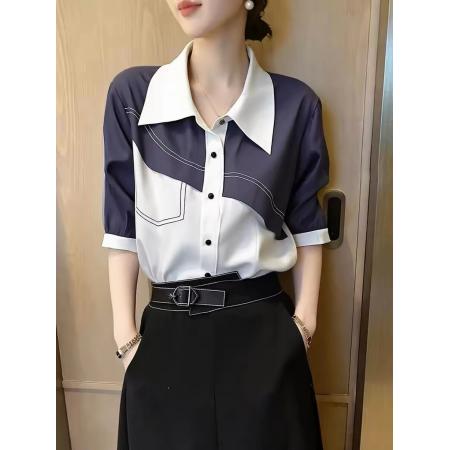 BY18996# 复古拼接风撞色衬衫女夏季新款短袖翻领设计感洋气减龄上衣 服裝批發女裝批發服飾貨源