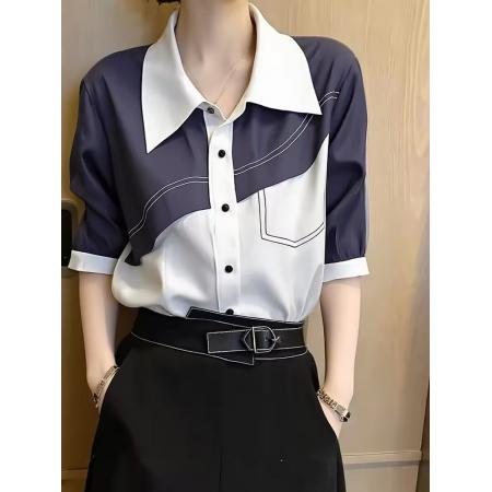 BY18996# 复古拼接风撞色衬衫女夏季新款短袖翻领设计感洋气减龄上衣 服裝批發女裝批發服飾貨源