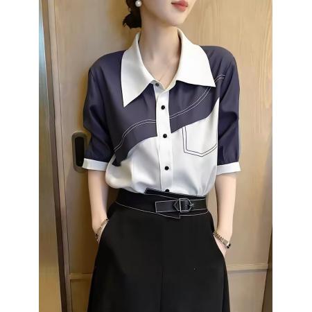BY18996# 复古拼接风撞色衬衫女夏季新款短袖翻领设计感洋气减龄上衣 服裝批發女裝批發服飾貨源
