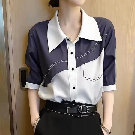 BY18996# 复古拼接风撞色衬衫女夏季新款短袖翻领设计感洋气减龄上衣 服裝批發女裝批發服飾貨源