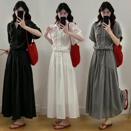 BY18999# 韩系松驰感薄款衬衫套装女夏季新款半裙高级两件套 服裝批發女裝批發服飾貨源