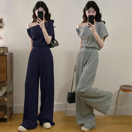斜领露肩短袖T恤女宽松直筒休闲阔腿裤套装夏 服裝批發女裝批發服飾貨源
