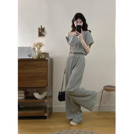 BY19001# 斜领露肩短袖T恤女宽松直筒休闲阔腿裤套装夏 服裝批發女裝批發服飾貨源