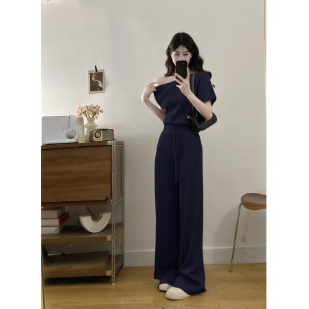 BY19001# 斜领露肩短袖T恤女宽松直筒休闲阔腿裤套装夏 服裝批發女裝批發服飾貨源