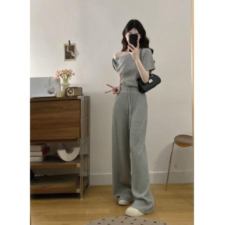 BY19001# 斜领露肩短袖T恤女宽松直筒休闲阔腿裤套装夏 服裝批發女裝批發服飾貨源