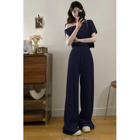 BY19001# 斜领露肩短袖T恤女宽松直筒休闲阔腿裤套装夏 服裝批發女裝批發服飾貨源