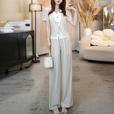 BY19002# 夏季新款设计感气质显瘦假两件上衣阔腿裤套装两件套女 服裝批發女裝批發服飾貨源
