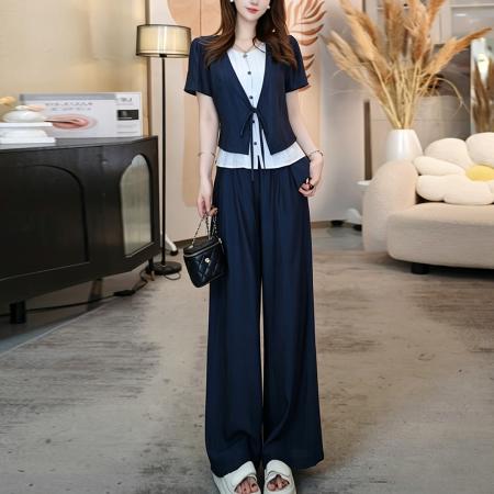 BY19002# 夏季新款设计感气质显瘦假两件上衣阔腿裤套装两件套女 服裝批發女裝批發服飾貨源