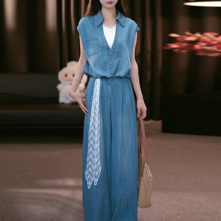 夏季新款时尚百搭气质显瘦短袖上衣+阔腿裤带丝巾三件套 服裝批發女裝批發服飾貨源