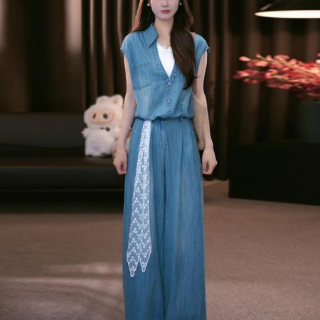 BY19003# 夏季新款时尚百搭气质显瘦短袖上衣+阔腿裤带丝巾三件套 服裝批發女裝批發服飾貨源