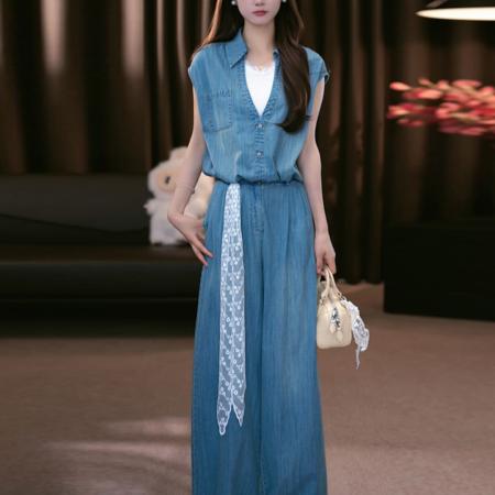 BY19003# 夏季新款时尚百搭气质显瘦短袖上衣+阔腿裤带丝巾三件套 服裝批發女裝批發服飾貨源