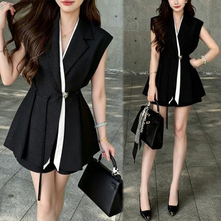 夏季新款细闪收腰显瘦西装马甲无袖上衣百褶半裙两件套 服裝批發女裝批發服飾貨源