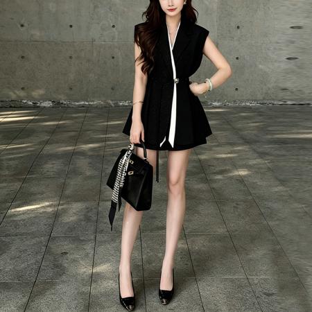 BY19004# 夏季新款细闪收腰显瘦西装马甲无袖上衣百褶半裙两件套 服裝批發女裝批發服飾貨源