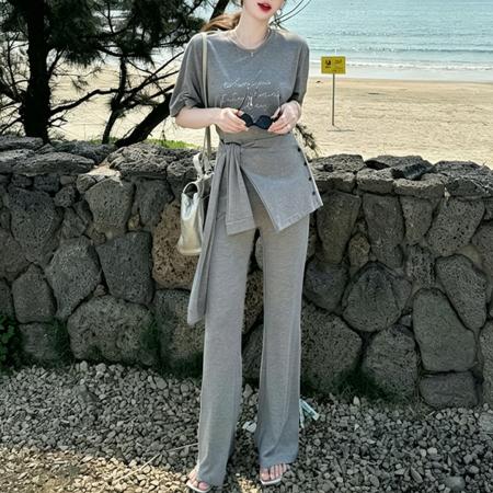 夏季新款百搭圆领宽松短袖T恤+披肩+高腰裤时尚三件套 服裝批發女裝批發服飾貨源