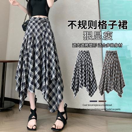 美式甜酷辣妹高腰显瘦垂感不规则绑带格纹中长a字半身裙 服裝批發女裝批發服飾貨源