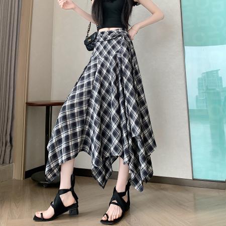 BY19007# 美式甜酷辣妹高腰显瘦垂感不规则绑带格纹中长a字半身裙 服裝批發女裝批發服飾貨源