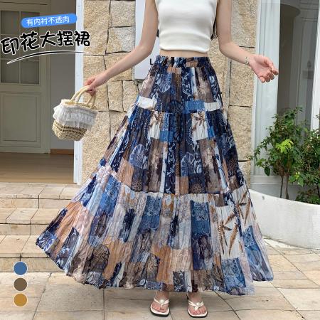 BY19008# 夏高腰遮胯显瘦褶皱雪纺印花半身a字长裙仙女蓬蓬蛋糕裙 服裝批發女裝批發服飾貨源
