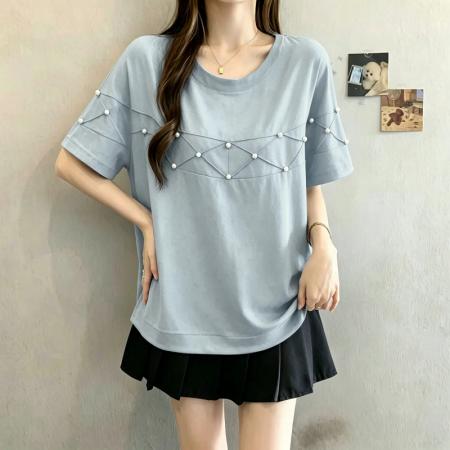 重工订珠设计感蝙蝠袖短袖T恤女夏季新款胖MM显瘦气质百搭上衣 服裝批發女裝批發服飾貨源