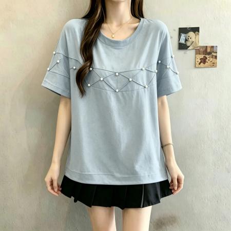 BY19009# 重工订珠设计感蝙蝠袖短袖T恤女夏季新款胖MM显瘦气质百搭上衣 服裝批發女裝批發服飾貨源