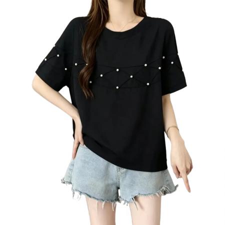 BY19009# 重工订珠设计感蝙蝠袖短袖T恤女夏季新款胖MM显瘦气质百搭上衣 服裝批發女裝批發服飾貨源