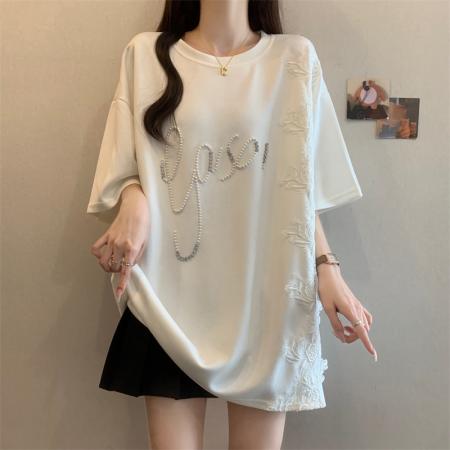 BY19010# 大码女装夏季短袖显瘦减龄订珠蕾丝拼接气质中长款短袖T恤 服裝批發女裝批發服飾貨源
