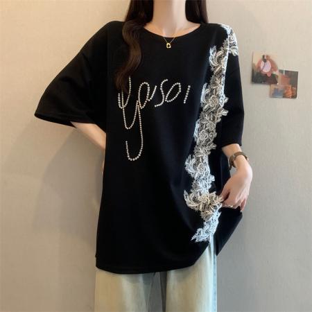 BY19010# 大码女装夏季短袖显瘦减龄订珠蕾丝拼接气质中长款短袖T恤 服裝批發女裝批發服飾貨源