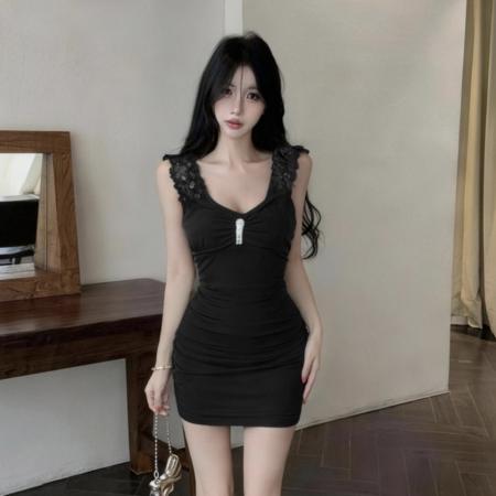 BY19017# 性感V领镶钻连衣裙无袖立体花朵肩边收腰紧身辣妹包臀裙 服裝批發女裝批發服飾貨源