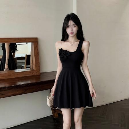 BY19019# 立体花朵单肩连衣裙女夏季新款收腰显瘦A字摆纯欲风短款裙 服裝批發女裝批發服飾貨源