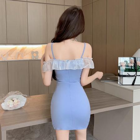 BY19021# 韩版气质性感荷叶边露肩拼接紧身包臀吊带连衣裙 服裝批發女裝批發服飾貨源