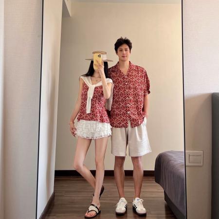 BY19023# 情侣装夏季碎花吊带海边度假风沙滩上衣一裙一衣 服裝批發女裝批發服飾貨源